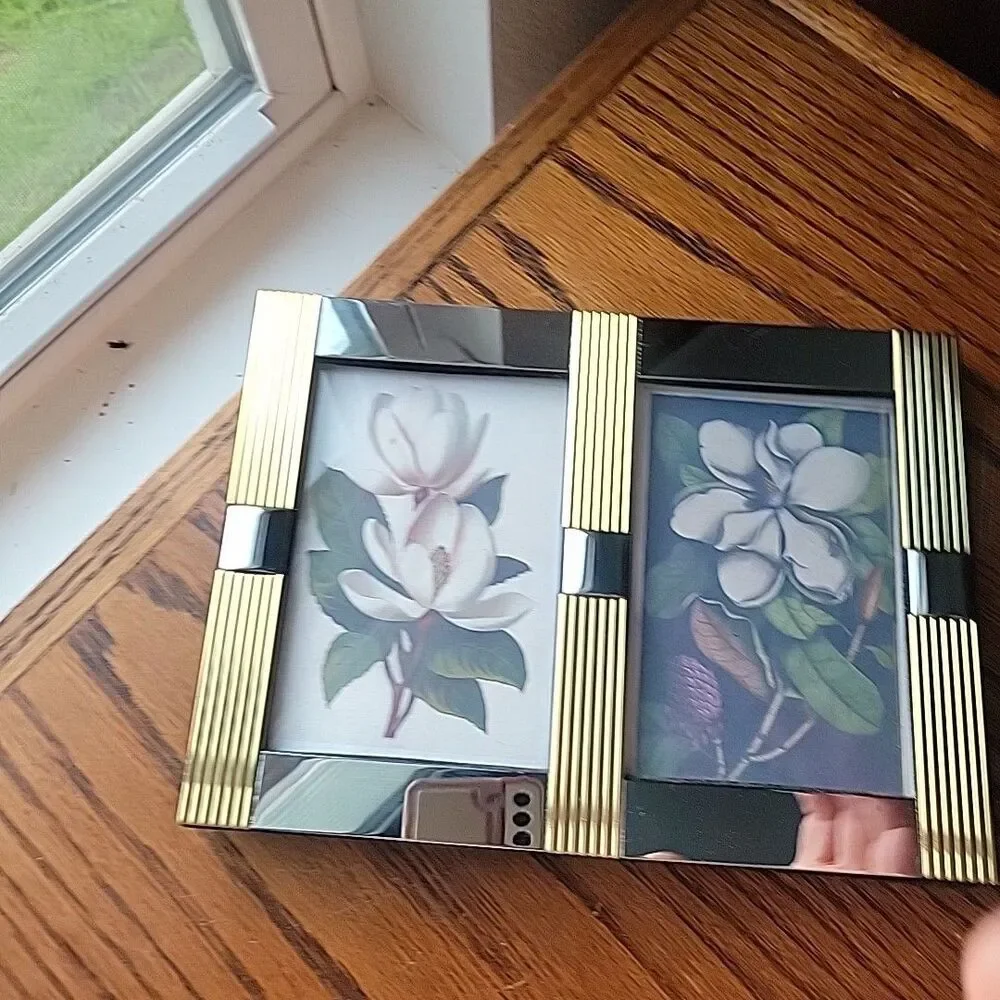 Vtg 2 Tone Gold and Silver Double photo frame holds 2- 3.5x5 photos MCM Art Deco